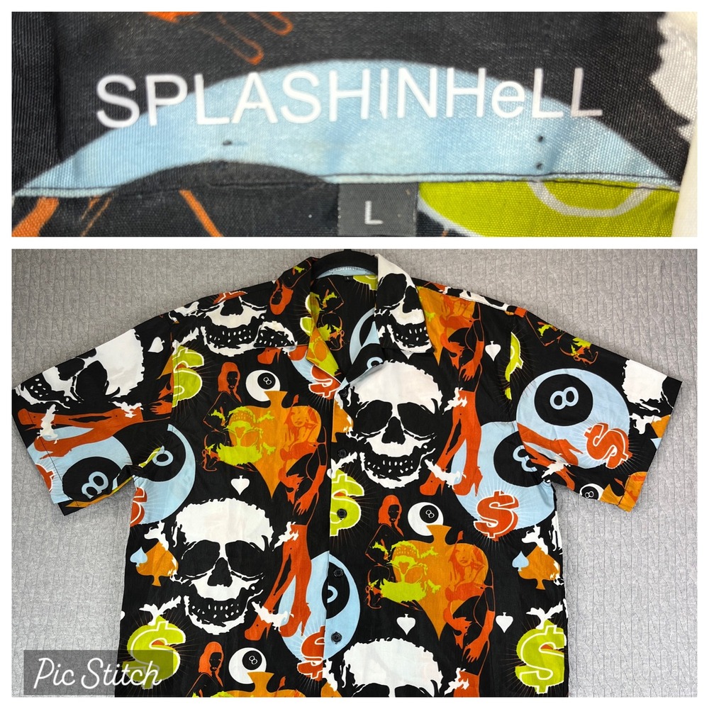 Splashinhell Skull‎ strip club Skater Shirt L stripper Short Sleeve Button Up
